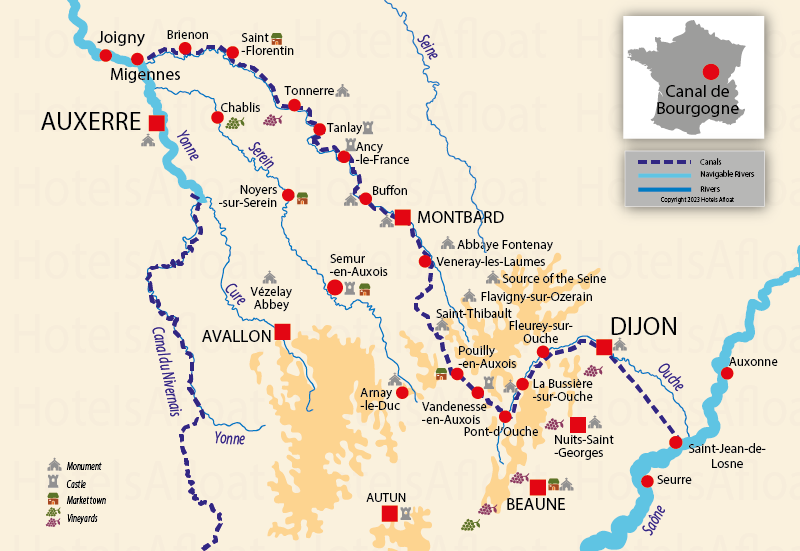 Various maps of the Burgundy canal, Yonne and Saone sides