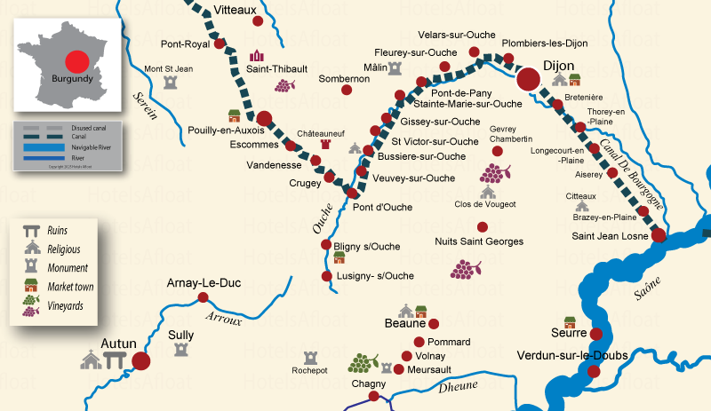 map of the southern section of the Burgundy Canal